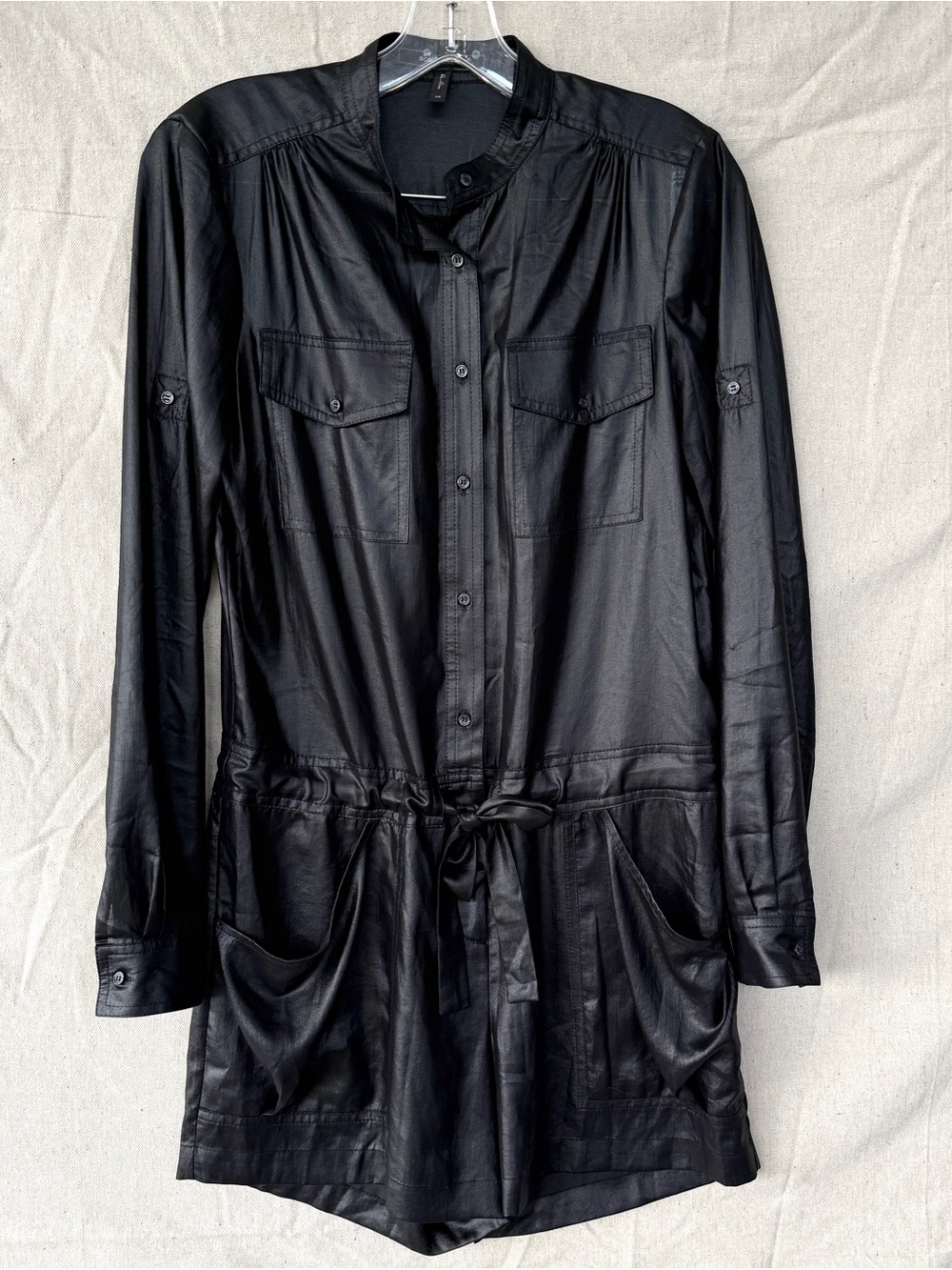 BCBGMaxazria Size XS Black Faux Leather Look Long Sleeve Romper